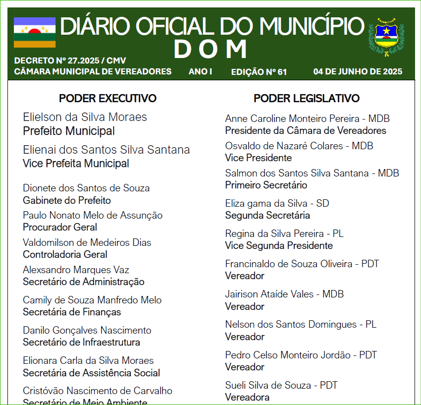 DIÁRIO OFICIAL - EDIÇÃO N° 61 - 04 DE JUNHO DE 2025